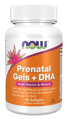 NOW Supplements, Prenatal Gels + DHA with 250 mg DHA per serving, plus Borage Oil (GLA), 90 Softgels