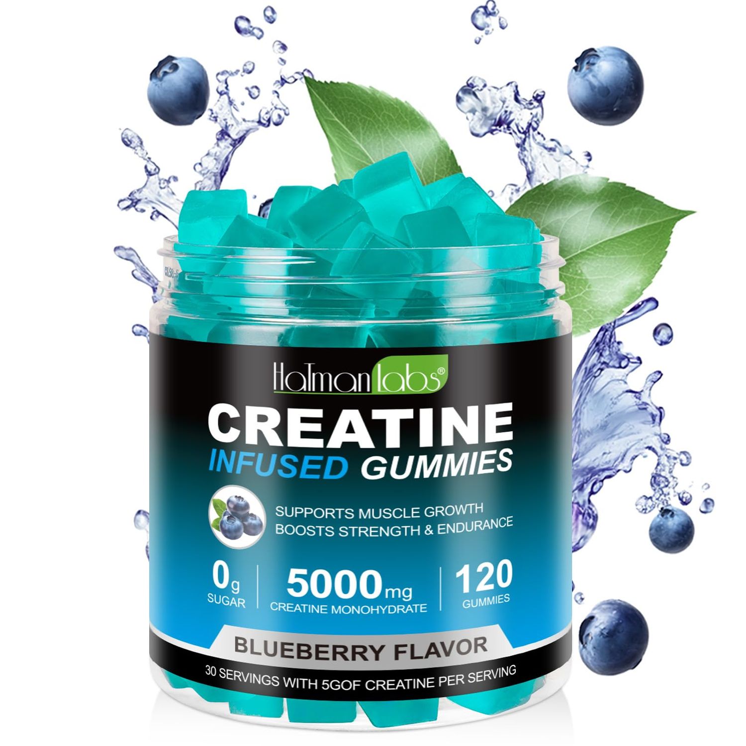Creatine Monohydrate Gummies for Men &amp; Women - 5g per Serving, Low Sugar Creatine Monohydrate Gummies - Increase Strength, Muscle Gain, Recovery, Endurance - Vegan, Gluten-Free,Blueberry (120 Count)