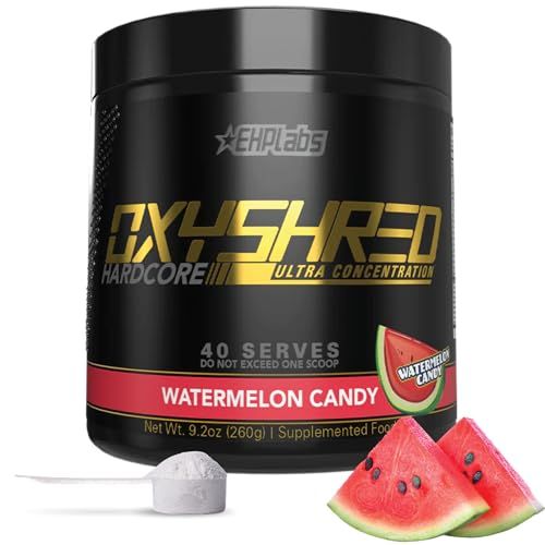 EHP Labs OxyShred Hardcore Super Dosed Pre Workout Powder - Preworkout Powder with L Glutamine &amp; Acetyl L Carnitine, Energy Boost Drink - 275mg of Caffeine - Watermelon Candy, 40 Servings