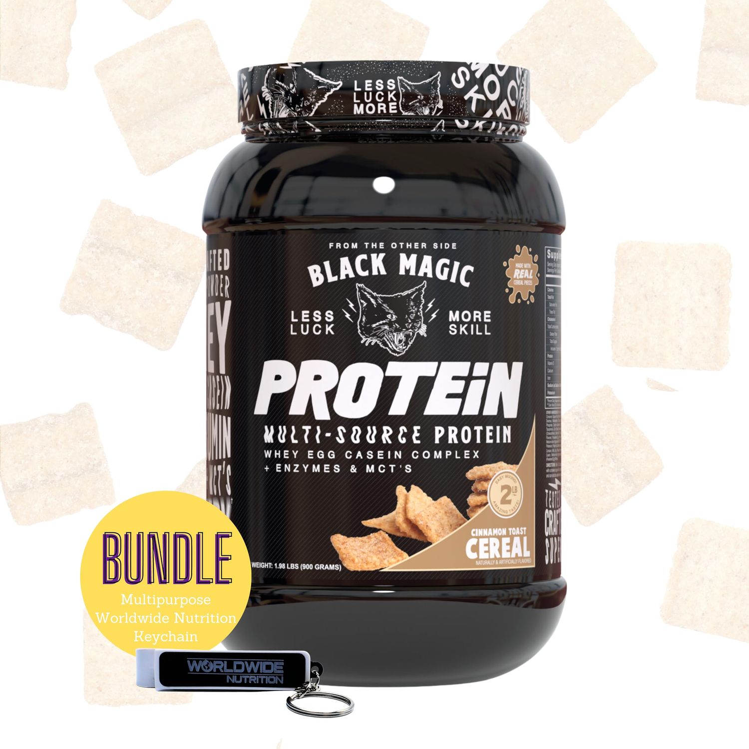 Worldwide Nutrition Bundle: Black Magic Multi-Source Protein Powder Whey, Egg Albumin Enzymes, Micellar Casein &amp; MCTs Muscle Mass Gaining Cinnamon Toast Flavor - 2 LB &amp; Multi-Purpose Keychain