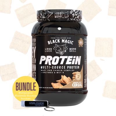 Worldwide Nutrition Bundle: Black Magic Multi-Source Protein Powder Whey, Egg Albumin Enzymes, Micellar Casein &amp; MCTs Muscle Mass Gaining Cinnamon Toast Flavor - 2 LB &amp; Multi-Purpose Keychain