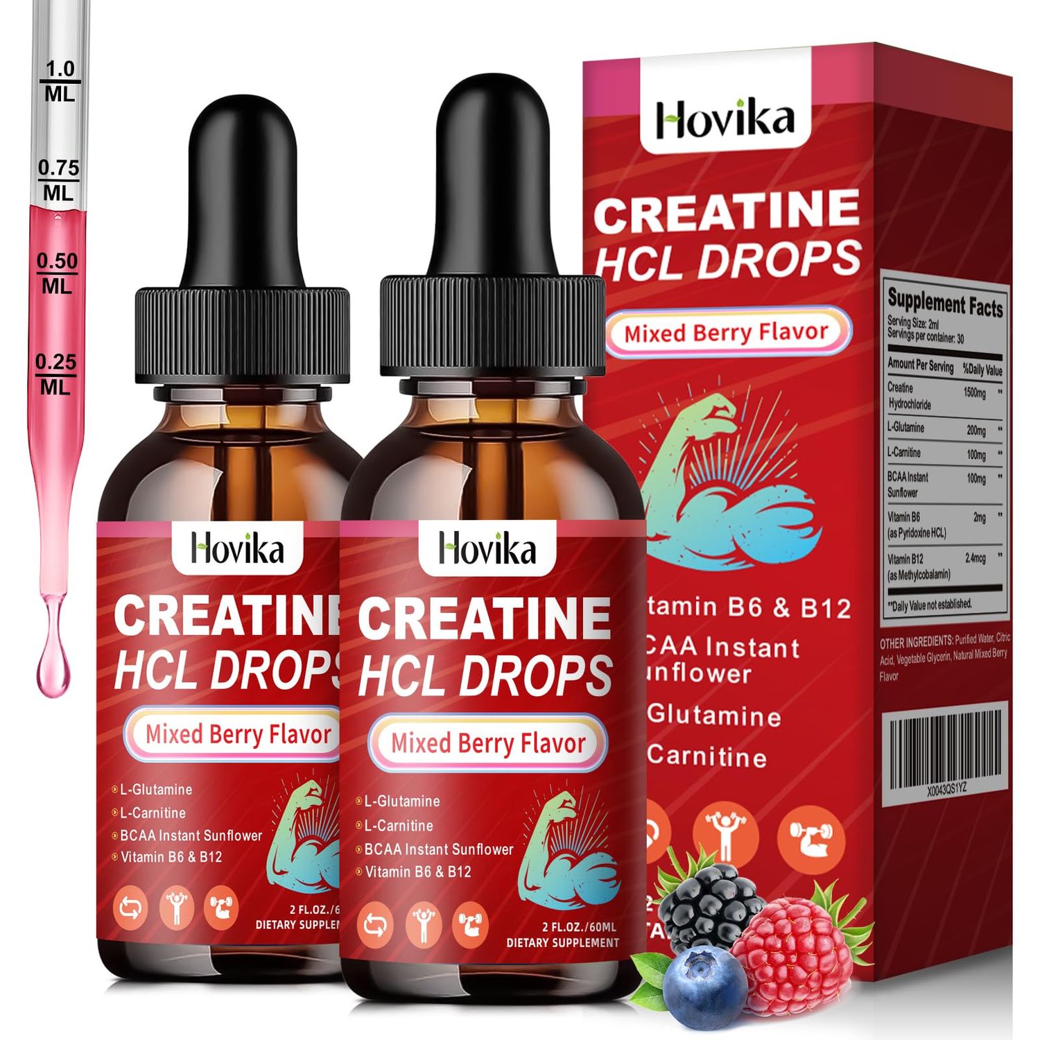 Creatine HCL Liquid Drops for Men &amp; Women, Creatine Hydrochloride with L-Carnitine, L-Glutamine, BCAA, Vitamin B12 &amp; B6 for Muscle Growth &amp; Recovery-Vegan, Mixed Berry Flavor Flavor, 4 Fl Oz