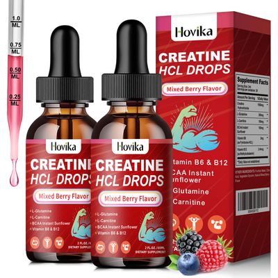 Creatine HCL Liquid Drops for Men &amp; Women, Creatine Hydrochloride with L-Carnitine, L-Glutamine, BCAA, Vitamin B12 &amp; B6 for Muscle Growth &amp; Recovery-Vegan, Mixed Berry Flavor Flavor, 4 Fl Oz
