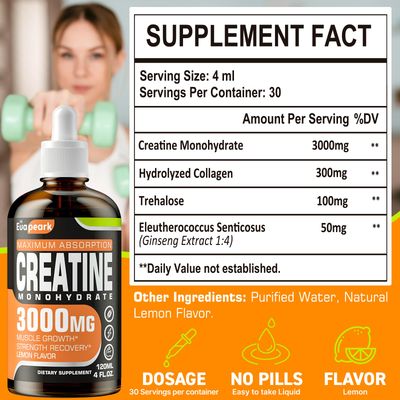 Creatine Monohydrate 3000mg, Creatine for Bodybuilding, Boosts Muscle Mass, Strength, Glute, Booty & Endurance - Creatine for Women and Men with Hydrolyzed Collagen & Trehalose - 120ml (Lemon Flavor)