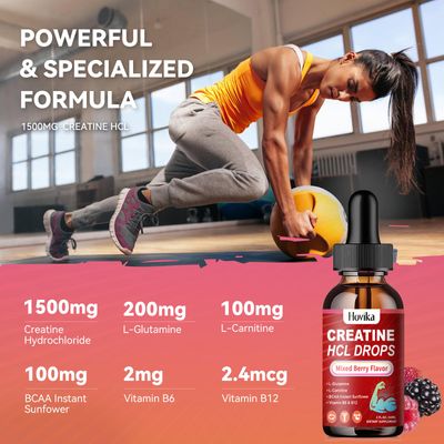 Creatine HCL Liquid Drops for Men &amp; Women, Creatine Hydrochloride with L-Carnitine, L-Glutamine, BCAA, Vitamin B12 &amp; B6 for Muscle Growth &amp; Recovery-Vegan, Mixed Berry Flavor Flavor, 4 Fl Oz