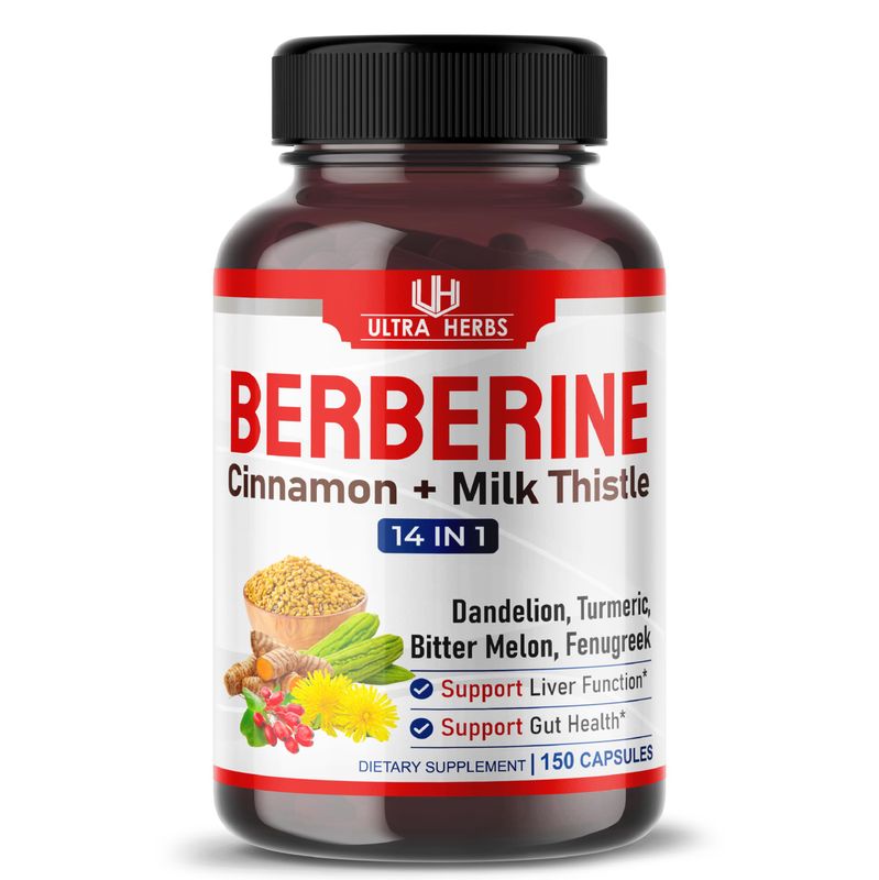 ULTRA HERBS Premium Berberine 12,200MG with Cinnamon, Milk Thistle *USA Made &amp; Test* Promotes Liver Function, Gut Health, Immunity (150 Count (Pack of 1))