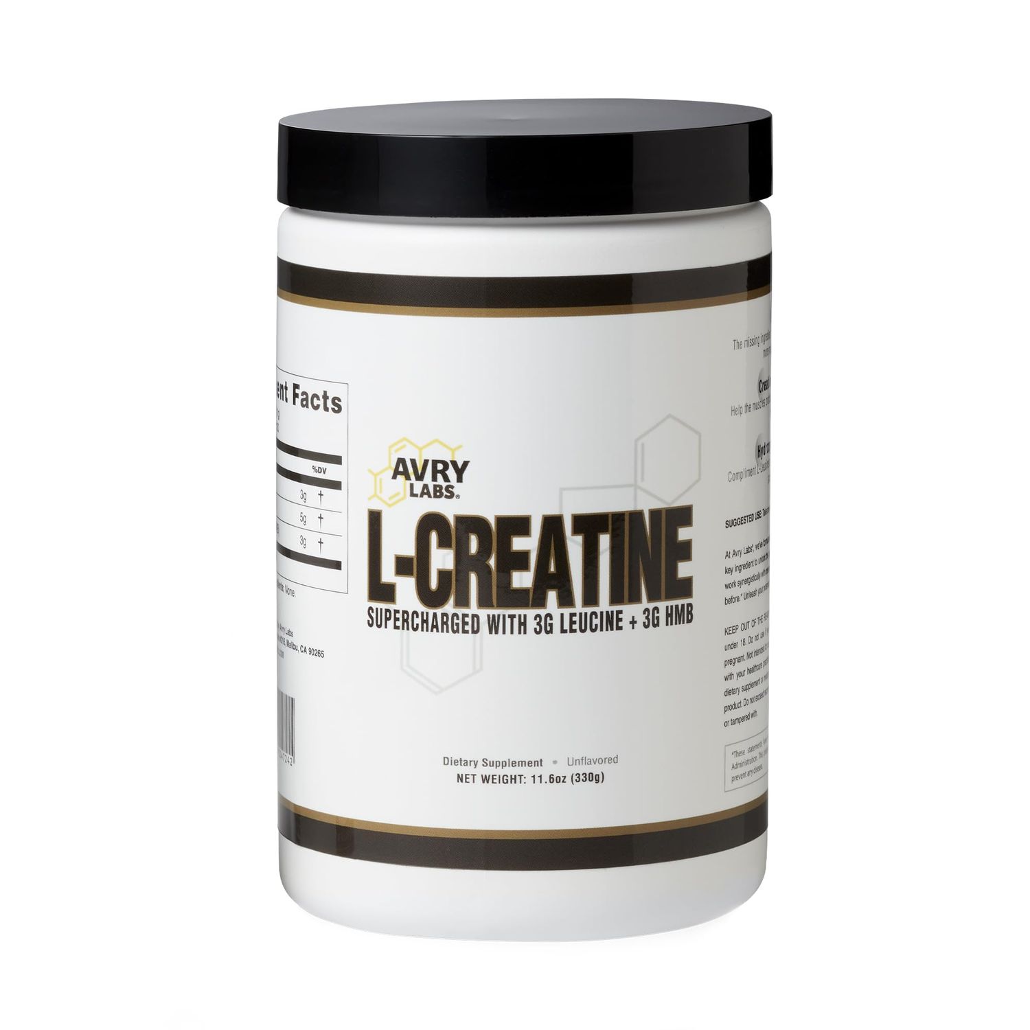 Avry Labs L-CREATINE Supplement: Creatine Monohydrate w/Leucine Amino Acid and HMB - Supports Muscle Mass, Strength, Recovery &amp; Performance + Reduce Fat - Vegan, 11oz (330g) Powder