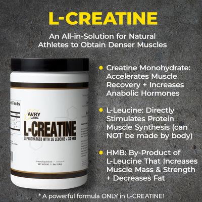 Avry Labs L-CREATINE Supplement: Creatine Monohydrate w/Leucine Amino Acid and HMB - Supports Muscle Mass, Strength, Recovery & Performance + Reduce Fat - Vegan, 11oz (330g) Powder