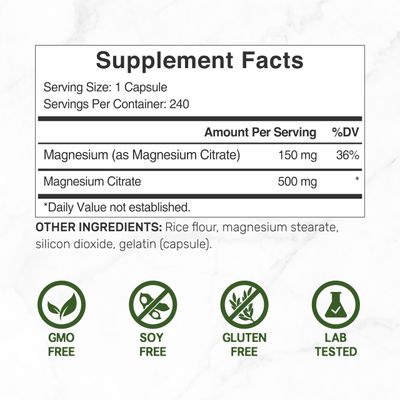 DEAL SUPPLEMENT Magnesium Citrate 500mg, 240 Capsules | Easily Absorbed, Purified Trace Mineral - Muscle, Heart, & Digestive Support - One a Day, Non-GMO