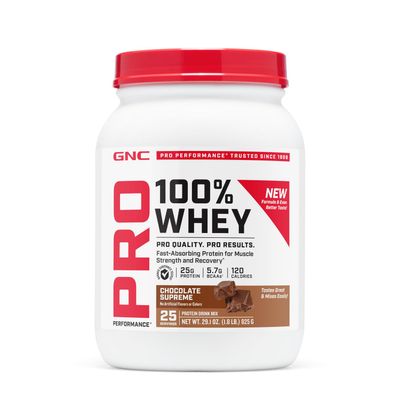 GNC Pro Performance 100% Whey Protein V2 | 25g Fast Absorbing Protein for Muscle Strength and Recovery, 5.7g BCAAs | Chocolate Supreme - 25 Servings