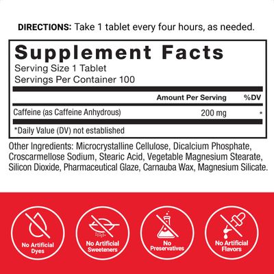 Force Factor Caffeine Pills 200mg, Caffeine Tablets to Boost Energy, Focus, Strength, and Performance, Premium Quality Caffeine Pills and Energy Supplement, 100 Tablets