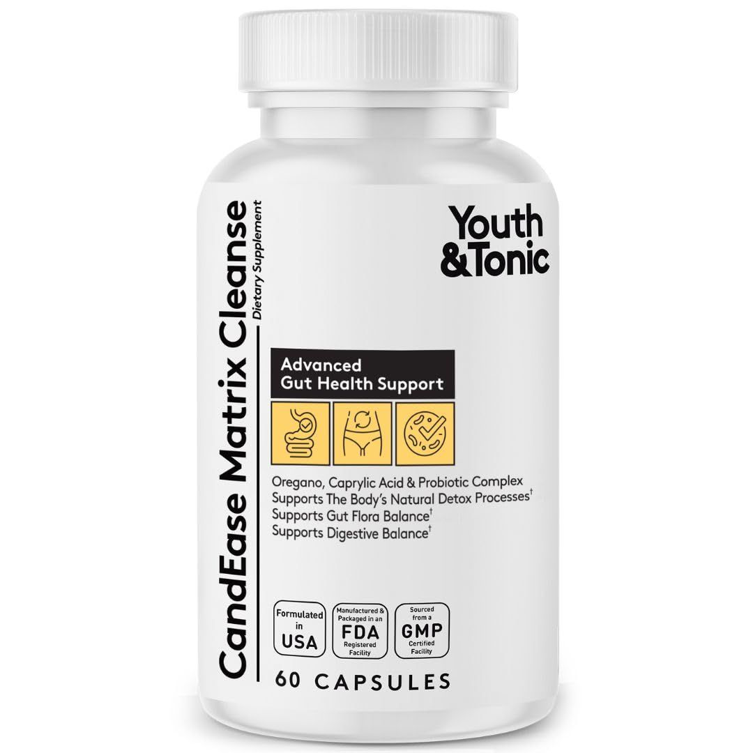 Youth &amp; Tonic CandEase Cleanse Matrix - Overgrowth Support &amp; Gut Health, Intestinal Flora Balance &amp; Body Detox Complex with Oregano, Caprylic Acid, Digestive Enzymes, Probiotics, 60 Pills, Women &amp; Men