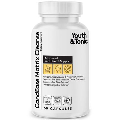 Youth &amp; Tonic CandEase Cleanse Matrix - Overgrowth Support &amp; Gut Health, Intestinal Flora Balance &amp; Body Detox Complex with Oregano, Caprylic Acid, Digestive Enzymes, Probiotics, 60 Pills, Women &amp; Men