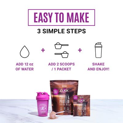 Click Coffee Protein, Protein &amp; Real Coffee All-in-One, Meal Replacement Nutrition Drink, Mocha Flavor, 23 Essential Vitamins, Double Shot Espresso Coffee, Hot or Cold, 15.8-Ounce