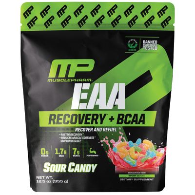 MusclePharm EAA Recovery + BCAAs, Post Workout Essential Amino Acids Powder, Pre Workout Energy Supplement for Men &amp; Women with Branched Chain Amino Acids, 30 Servings (Sour Candy)