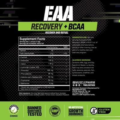 MusclePharm EAA Recovery + BCAAs, Post Workout Essential Amino Acids Powder, Pre Workout Energy Supplement for Men &amp; Women with Branched Chain Amino Acids, 30 Servings (Sour Candy)