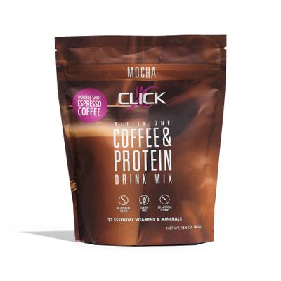 Click Coffee Protein, Protein &amp; Real Coffee All-in-One, Meal Replacement Nutrition Drink, Mocha Flavor, 23 Essential Vitamins, Double Shot Espresso Coffee, Hot or Cold, 15.8-Ounce