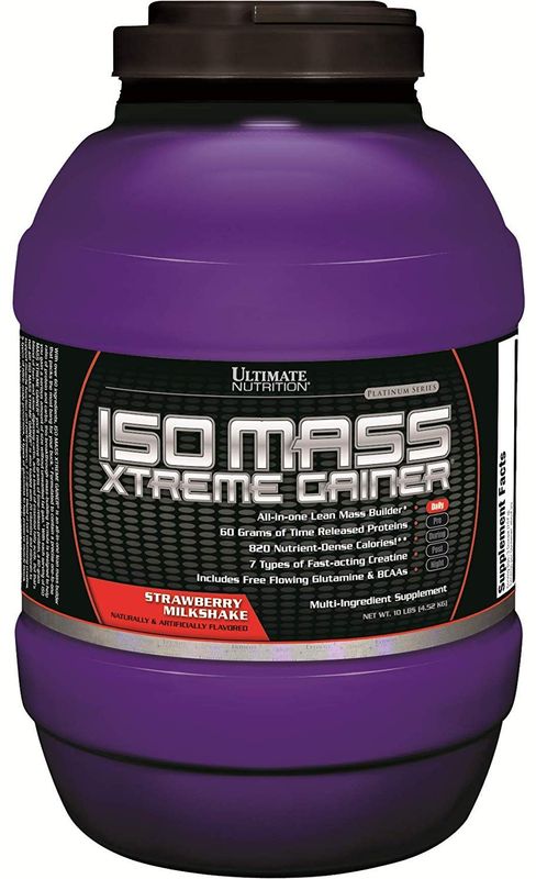 Ultimate Nutrition ISO Mass Xtreme Gainer, Isolate Protein Powder with Creatine, Flavored Protein Powder for Smoothies with 60 Grams of Protein, Strawberry Milkshake, 30 Servings