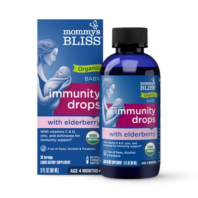 Mommy&#39;s Bliss Organic Baby Elderberry Drops, Immune Support with Vitamins, Prebiotics, Zinc &amp; Organic Echinacea, Age 4 Months +, 3 Fl Oz (36 Servings)