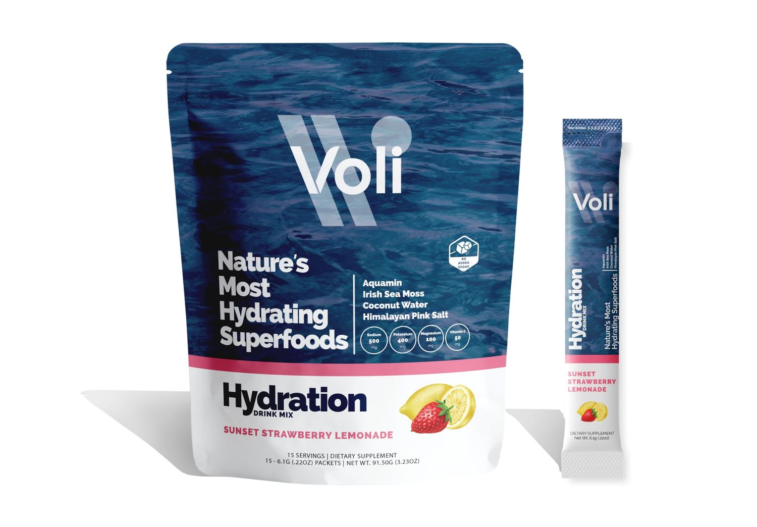 Voli Hydration, Sunset Strawberry, Superfood Hydration, Irish Sea Moss, Aquamin (Natural Magnesium), Coconut Water, Himalayan Pink Salt, Low-Calorie Hydration, 15 Servings (Pack of 1)
