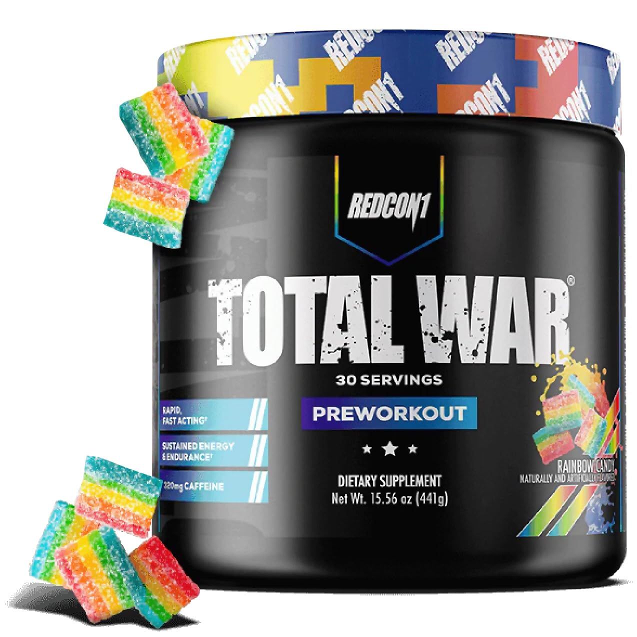 REDCON1 Total War Preworkout - Contains 320mg of Caffeine from Green Tea, Juniper &amp; Beta Alanine - Pre Work Out with Amino Acids to Increase Pump, Energy + Endurance (Rainbow Candy, 30 Servings)
