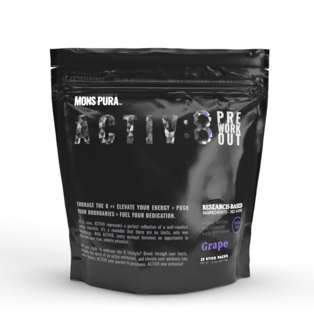 Activ8 Grape Pre-Workout 25 Power-Packed Servings 250mg Caffeine