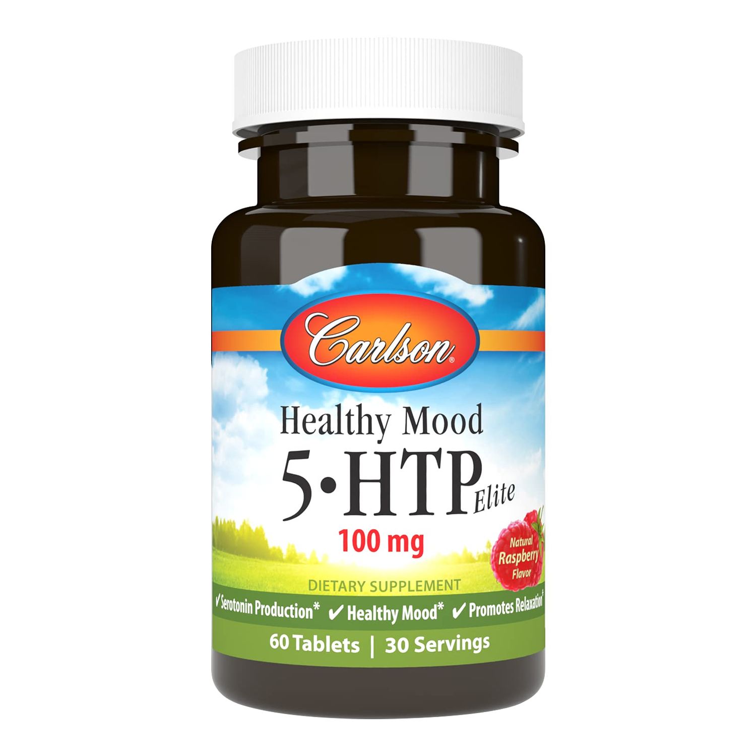 Carlson Healthy Mood 5-HTP Elite 100 mg with Vitamin B6 - Mood Support &amp; Relaxation Supplement - Raspberry Chewable - 60 Tablets