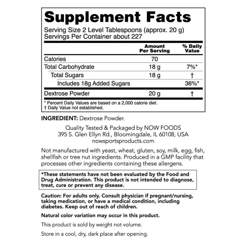 NOW Foods Sports Nutrition, Dextrose Powder (Monosaccharide), Energy Production*, 10-Pound