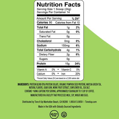 Tone It Up Plant Based Matcha Latte Protein Powder - Pea and Pumpkin Protein - Kosher, Sugar, Gluten and Dairy Free - 15g of Protein x 14 Servings - .77 lbs