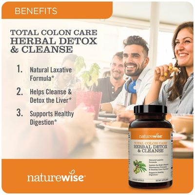 Naturewise Total Colon Care Herbal Cleanse - With Prebiotics, Botanicals, &amp; Antioxidants - for Regular Bowel Movement, Digestion, Gut Health - Vegan, Gluten-Free, Non-GMO - 60 Capsules[2-Month Supply]