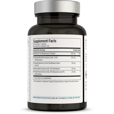 LES Labs Cortisol Health - Stress Relief, Balanced Cortisol Response, Relaxation &amp; Deep Sleep - Phosphatidylserine, Magnesium, Magnolia Bark, Rhodiola Rosea &amp; Ashwagandha - Non-GMO - 60 Capsules