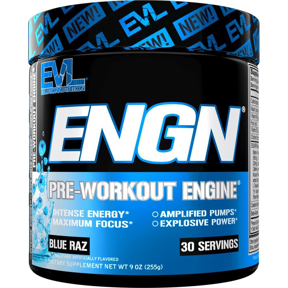 EVL Intense Pre Workout with Creatine - Pre Workout Powder Drink for Lasting Energy Focus and Recovery - ENGN Energizing Pre Workout for Men with Beta Alanine Caffeine and L Theanine - Blue Raz