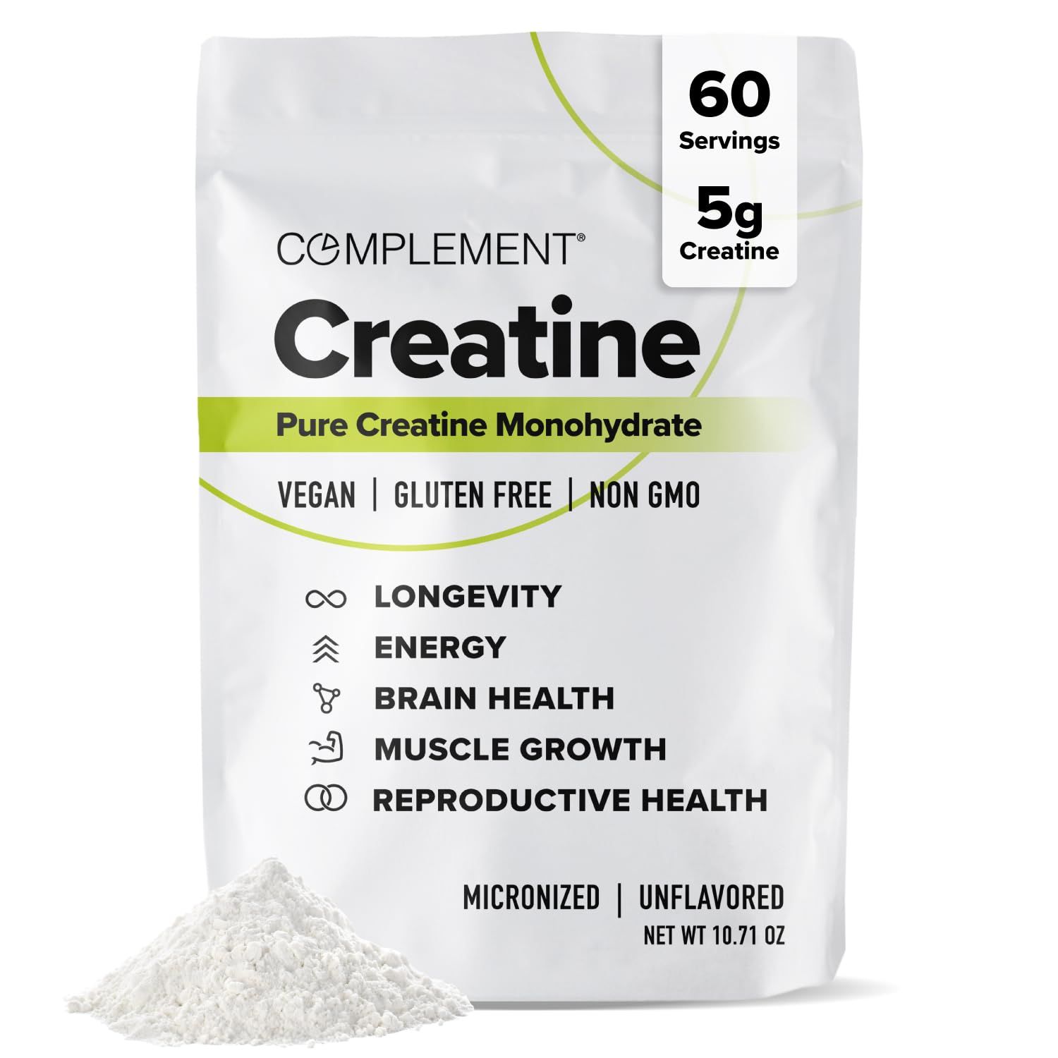 Complement Creatine Monohydrate Micronized Powder for Women and Men (5g per serving, 60 Servings) Pre Workout, Post Workout Muscle Recovery, Brain Health, Longevity- Vegan, Unflavored - 2 Month Supply