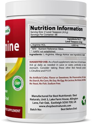Best Naturals L-Arginine Powder 1 Pound - Pure Pharmaceutical Grade Free Form - Best Amino Acid Arginine Supplements for Women & Man - Promotes Circulation and Supports Cardiovascular Health