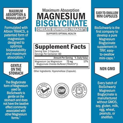 Magnesium Bisglycinate 100% Chelate No-Laxative Effect - Maximum Absorption Magnesium Supplement - Fully Reacted & Buffered for Energy Muscle Bone & Joint Support - Non-GMO Project Verified -180ct