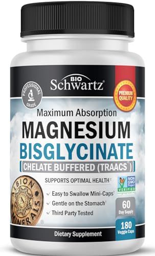 Magnesium Bisglycinate 100% Chelate No-Laxative Effect - Maximum Absorption Magnesium Supplement - Fully Reacted &amp; Buffered for Energy Muscle Bone &amp; Joint Support - Non-GMO Project Verified -180ct