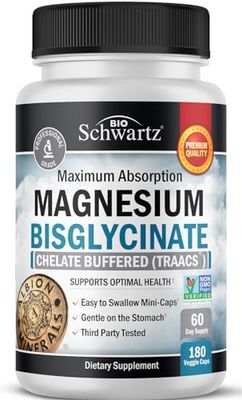 Magnesium Bisglycinate 100% Chelate No-Laxative Effect - Maximum Absorption Magnesium Supplement - Fully Reacted &amp; Buffered for Energy Muscle Bone &amp; Joint Support - Non-GMO Project Verified -180ct