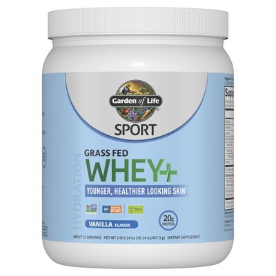 Garden of Life Sport Whey Protein Powder Vanilla Flavor 20g Plus Marine Collagen Peptides &amp; MSM for Women and Men, Optimum Amino Energy, Younger, Healthier Looking Skin - Grass Fed, About 15 Servings