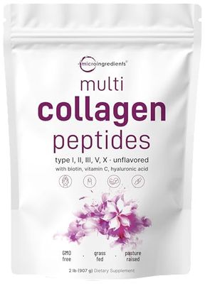 Multi Collagen Protein Powder, 2lbs - Hydrolyzed Collagen Peptides | Type I,II,III,V,X with Biotin 10000mcg, Hyaluronic Acid, Vitamin C - Unflavored - Keto &amp; Paleo Friendly, Easy Dissolve, Non-GMO