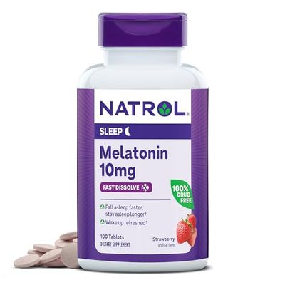 Natrol Fast Dissolve Melatonin 10 mg, Melatonin Supplements for Restful Sleep, Sleep Support for Adults, 100 Strawberry-Flavored Melatonin Tablets, Up to a 100 Day Supply