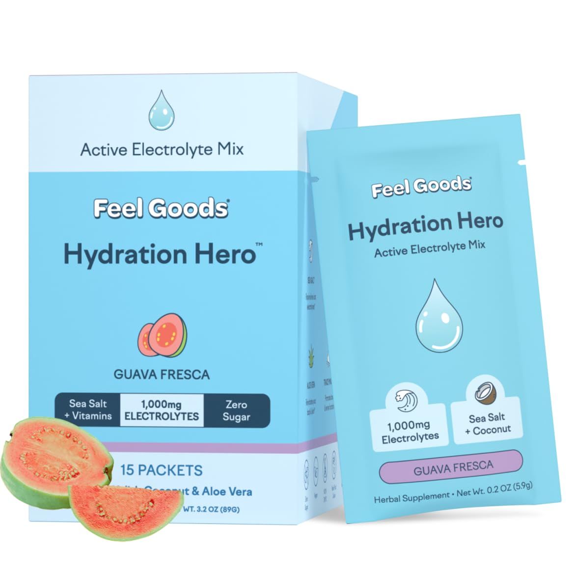 Feel Goods Hydration Hero, 1,000mg Electrolytes Powder, Sugar Free, Magnesium, Organic Coconut Water, L Theanine, Vitamin C &amp; B12, Non GMO, Keto, Vegan, Electrolyte Packets | Guava Fresca, 15 Count