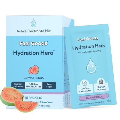 Feel Goods Hydration Hero, 1,000mg Electrolytes Powder, Sugar Free, Magnesium, Organic Coconut Water, L Theanine, Vitamin C &amp; B12, Non GMO, Keto, Vegan, Electrolyte Packets | Guava Fresca, 15 Count