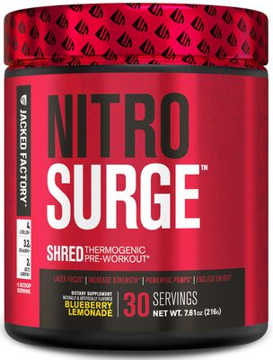 Jacked Factory NITROSURGE Shred Pre Workout Supplement - Energy Booster, Instant Strength Gains, Sharp Focus, Powerful Pumps - Nitric Oxide Booster &amp; PreWorkout Powder - 30Sv, Blueberry Lemonade