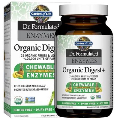 Garden of Life Dr Formulated Digestive Enzymes with Papain, Bromelain, Lipase for Digestion &amp; Nutrient Absorption - Organic Digest+ - Vegan, Gluten-Free, Non-GMO, Tropical Fruit Flavor, 90 Chewables