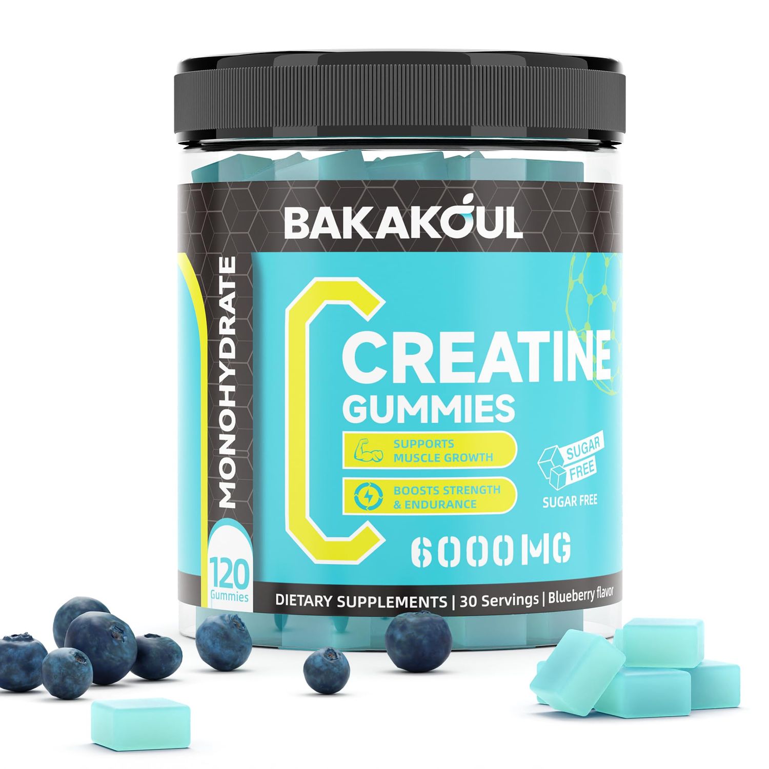 BAKAKOUL Creatine Monohydrate Gummies 5g for Men &amp; Women - 120 Sugar Free Gummies with Magnesium Glycinate, L-Threonate, L-Taurine + Vitamin B12 for Muscle Support, Energy Boost, (Blueberry Flavor)