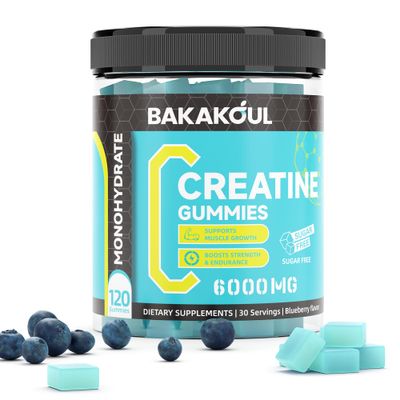 BAKAKOUL Creatine Monohydrate Gummies 5g for Men &amp; Women - 120 Sugar Free Gummies with Magnesium Glycinate, L-Threonate, L-Taurine + Vitamin B12 for Muscle Support, Energy Boost, (Blueberry Flavor)