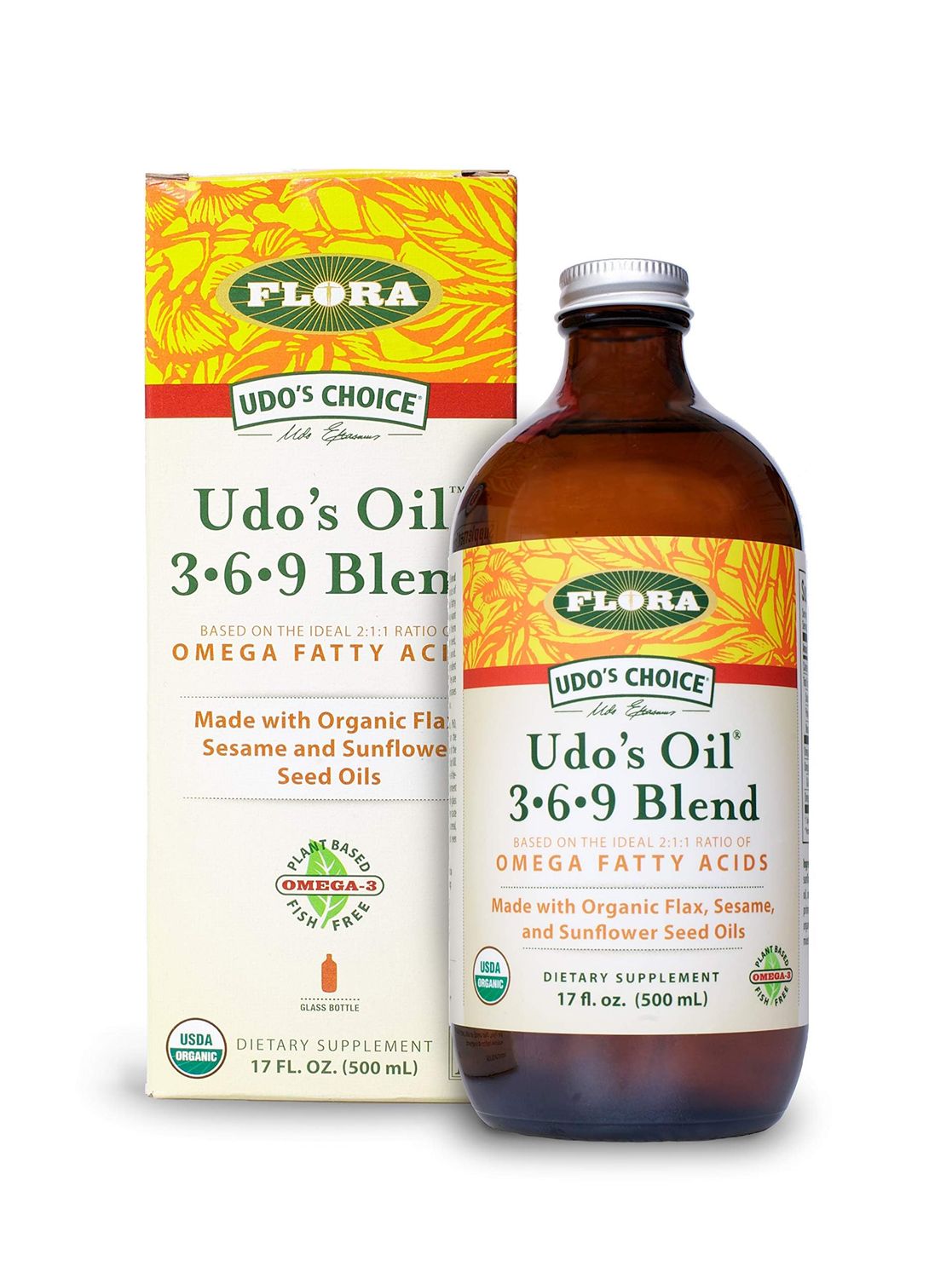 Flora - Udo&#39;s Choice Omega 369 Oil Blend, Made with Organic Flax, Sesame &amp; Sunflower Seed Oils, Plant-Based Vegan Omega Fatty Acids, Based on Ideal 2:1:1 Ratio, 17-fl, oz. Glass Bottle