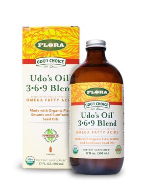 Flora - Udo&#39;s Choice Omega 369 Oil Blend, Made with Organic Flax, Sesame &amp; Sunflower Seed Oils, Plant-Based Vegan Omega Fatty Acids, Based on Ideal 2:1:1 Ratio, 17-fl, oz. Glass Bottle