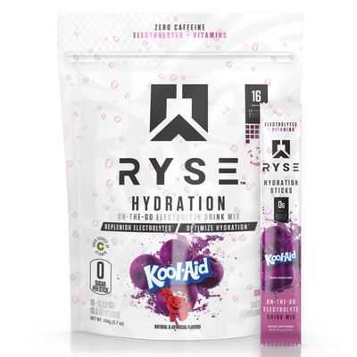 Ryse Core Hydration | On The Go Electrolyte Drink Mix Packets | with All 6 Electrolytes + Essential Vitamins | Zero Sugar | 16 Servings (Kool Aid Grape)