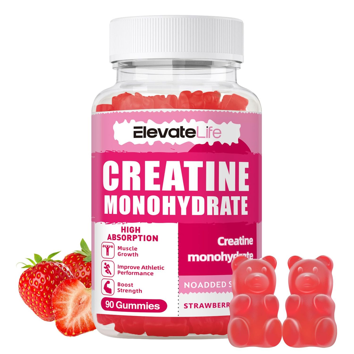 ElevateLife Creatine Monohydrate Gummies 5000mg for Men &amp; Women, Chewables Creatine Monohydrate for Muscle Strength, Muscle Builder, Energy Boost, Pre-Workout Supplement(90 Count)-Strawberries